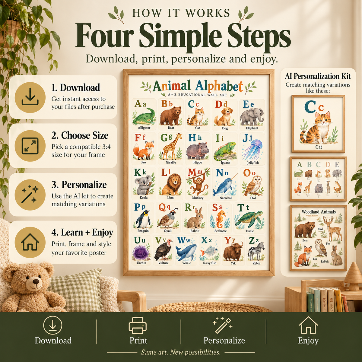 How to use animal alphabet wall art: download, choose a 3 to 4 print size, personalize with AI kit, print and enjoy