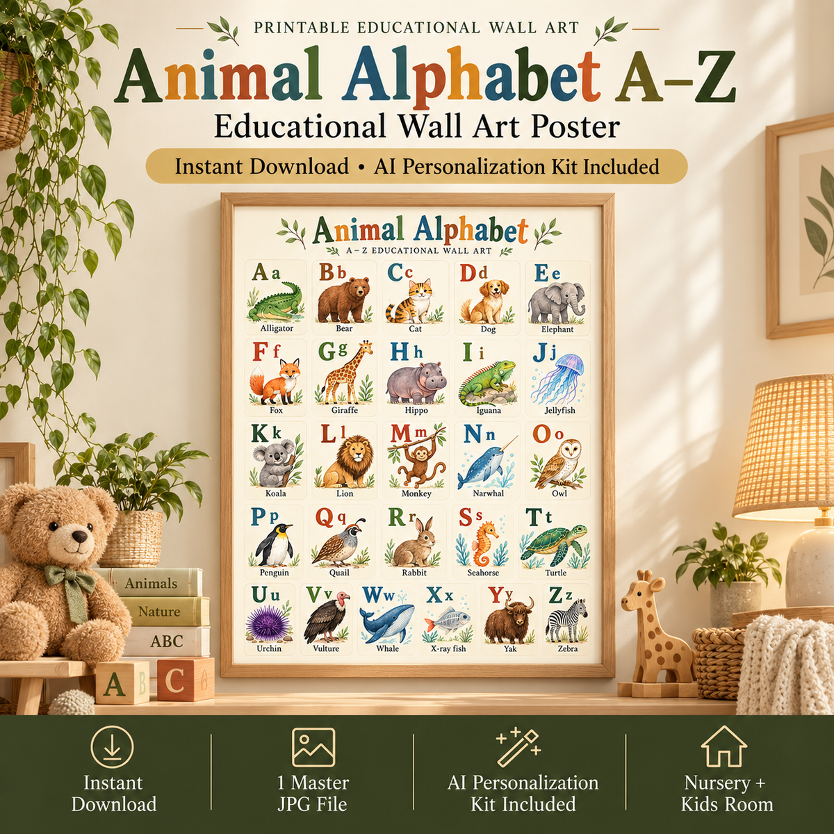 Animal alphabet wall art poster A to Z with watercolor animals for nursery, kids room and learning corner