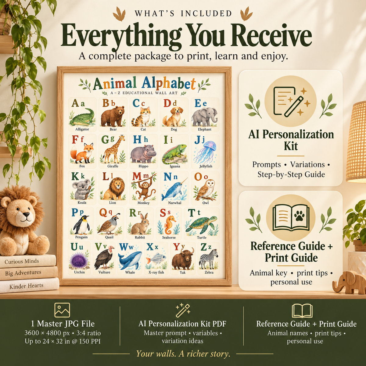 Animal alphabet wall art download with one 3600 by 4800 px 3 to 4 master JPG, AI Personalized Kit, reference guide and print guide