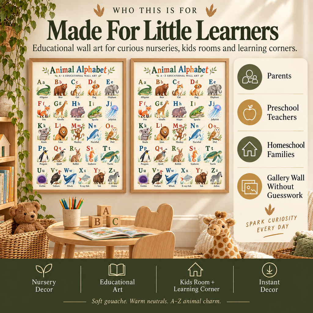 Animal alphabet wall art for parents, preschool teachers, homeschool families, nurseries and learning corners