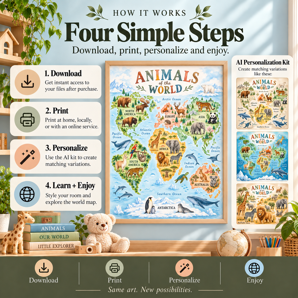 How to use kids world map wall art: download, choose a compatible 3 to 4 print size, print and frame, and create matching variations with the AI kit