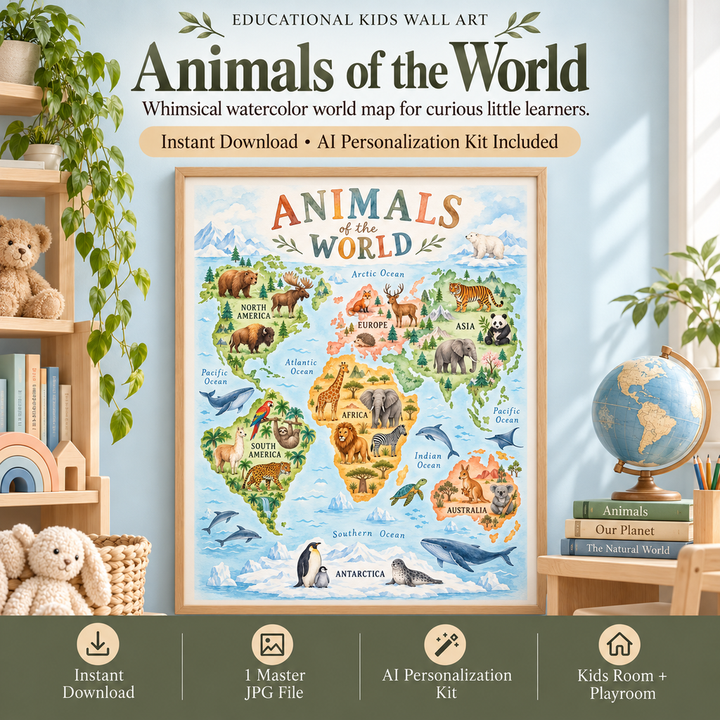 Kids world map wall art poster with watercolor continents, oceans and representative animals for nursery, kids room and learning spaces