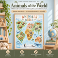 Kids world map wall art poster with watercolor continents, oceans and representative animals for nursery, kids room and learning spaces