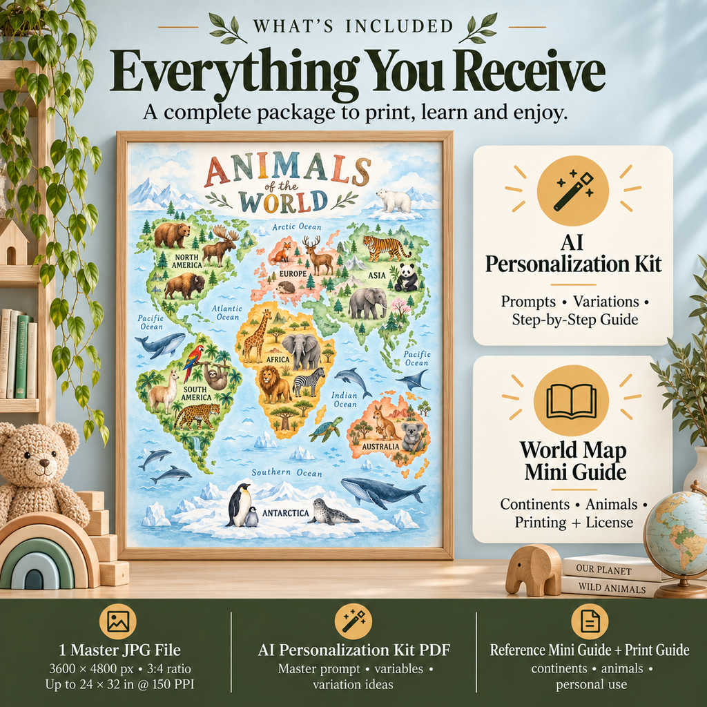 Kids world map wall art download with one 3600 by 4800 px master JPG, AI Personalized Kit, reference guide, print guide and personal-use license