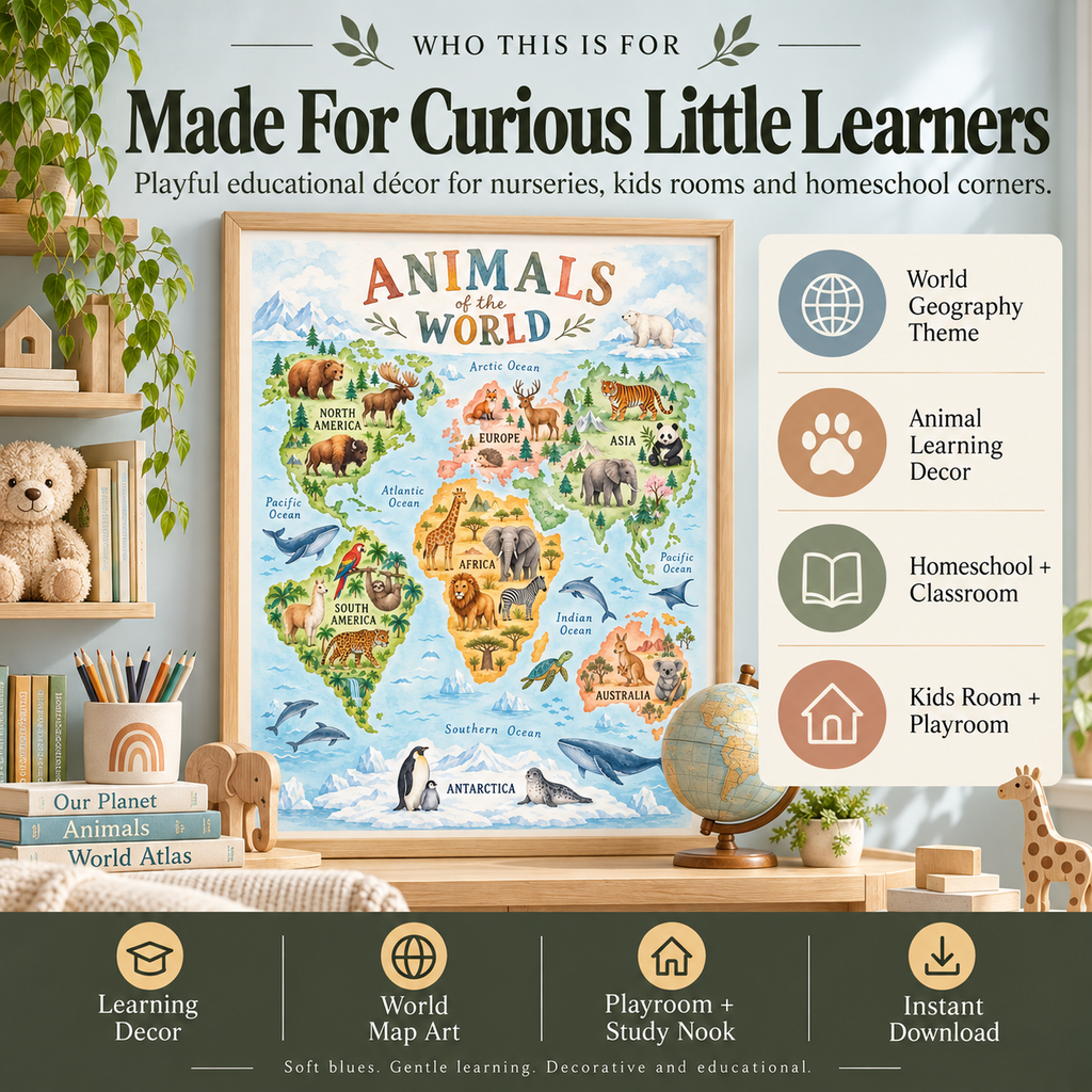 Educational map for kids designed for nurseries, kids rooms, homeschool corners and learning spaces with world geography and animal themes