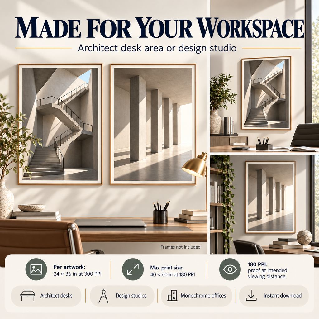 Architectural Light Studies printable wall art shown in architect desk and design studio workspace settings.