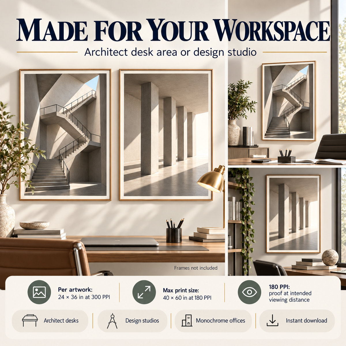 Architectural Light Studies printable wall art shown in architect desk and design studio workspace settings.