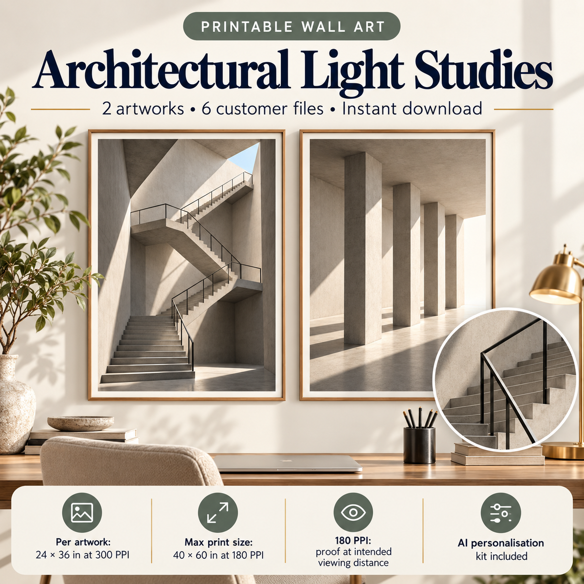 Architectural Light Studies printable wall art displayed in a premium office, 2 coordinated 2:3 artworks.