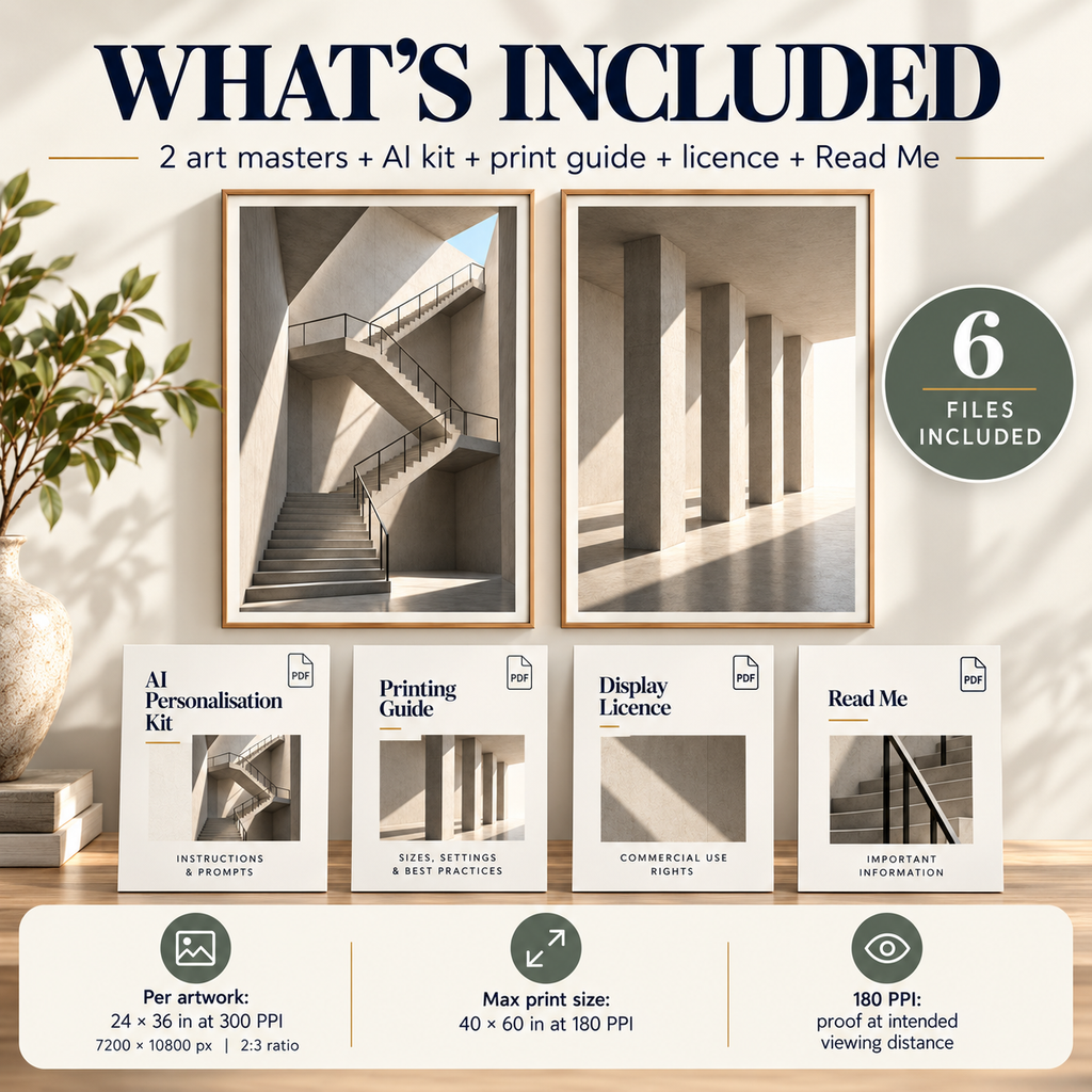 Architectural Light Studies printable wall art set with 2 artwork masters and four supporting PDF guides.