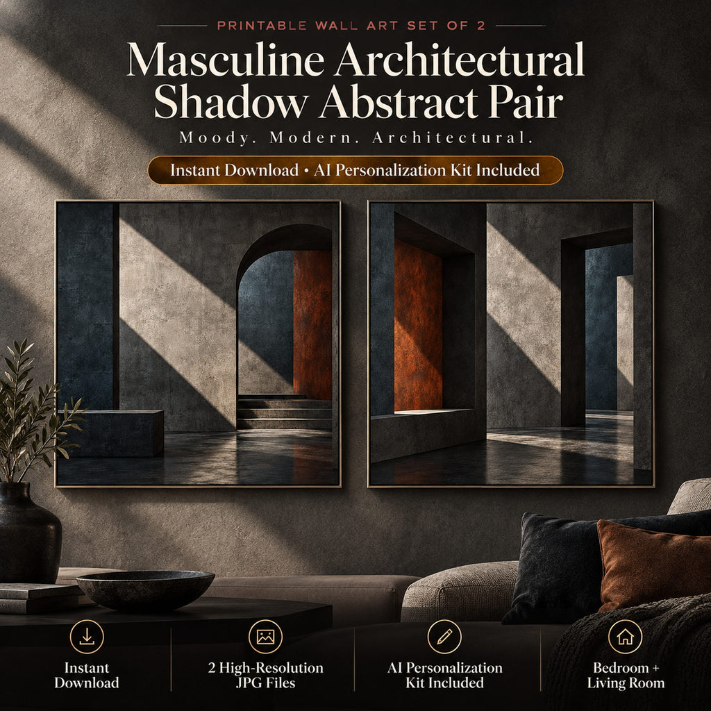 Architectural shadow abstract printable wall art pair in a charcoal modern bedroom with steel blue and rust accents