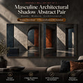 Architectural shadow abstract printable wall art pair in a charcoal modern bedroom with steel blue and rust accents