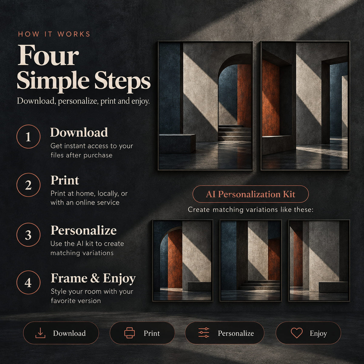 How to download, print, personalize and frame architectural abstract wall art with AI variation examples