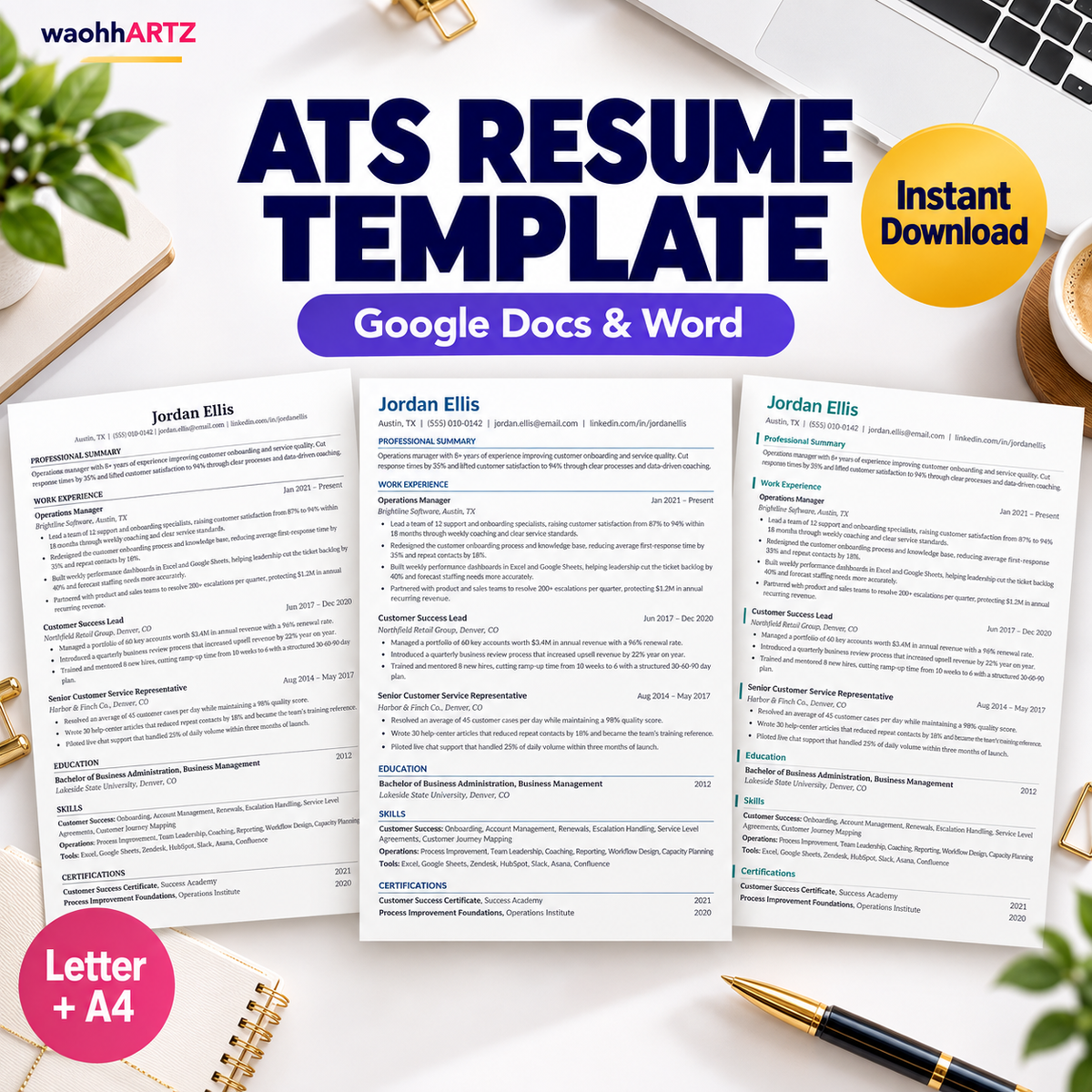 ATS Resume Template — Google Docs & Word — 12 Files, 1-Page & 2-Page, US Letter & A4 — Instant Download