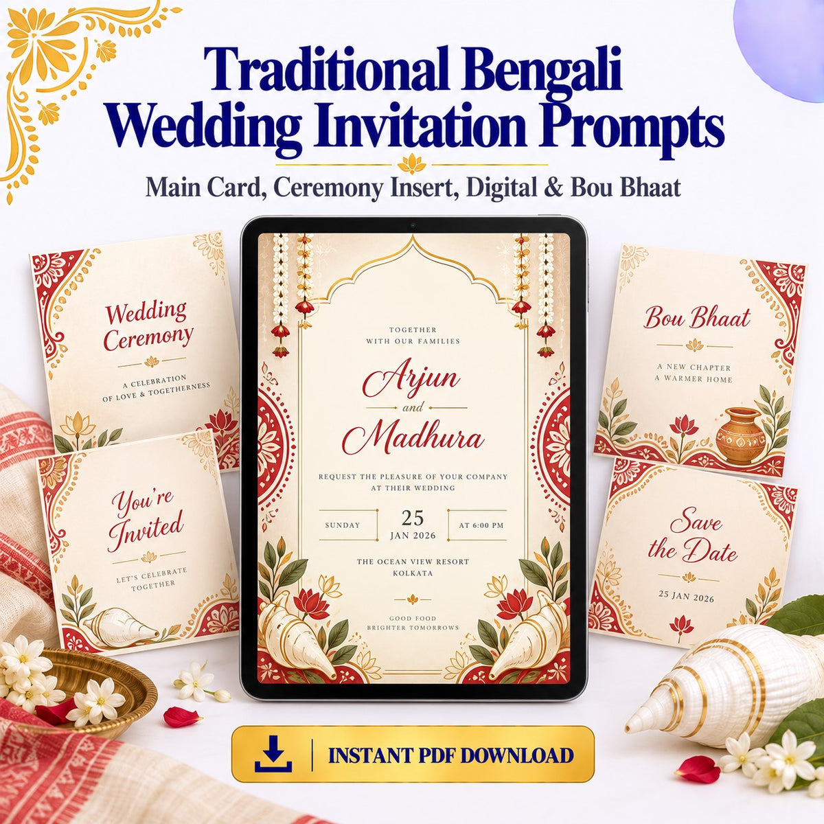 Traditional Bengali Wedding Invitation Prompt Pack | Main Card + Ceremony + Digital + Bou Bhaat | Instant Download PDF