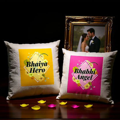 Bhaiya Hero & Bhabhi Angel Cushions