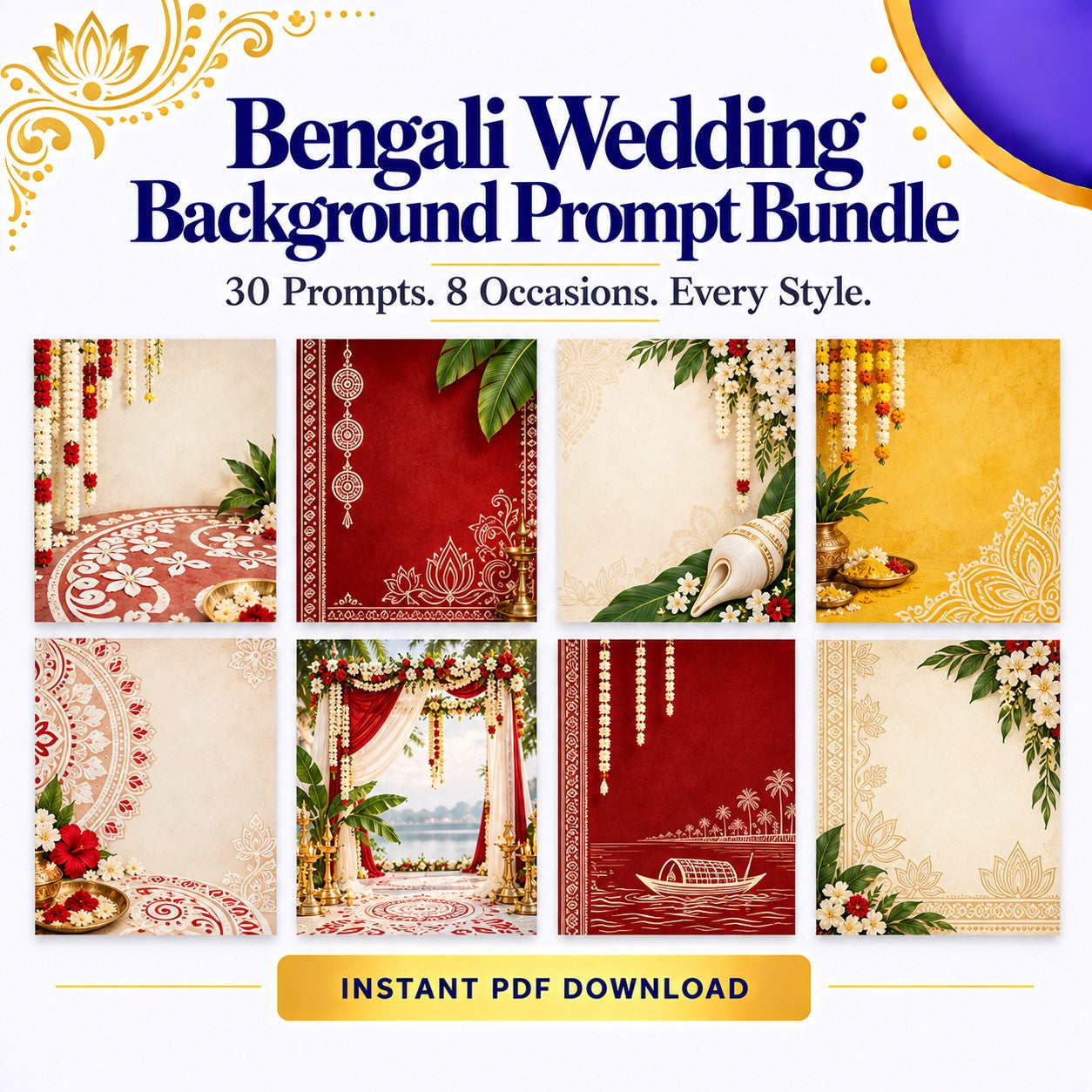 Bengali Wedding Background Prompt Bundle | 30 Prompts, 8 Occasions | Instant Download PDF