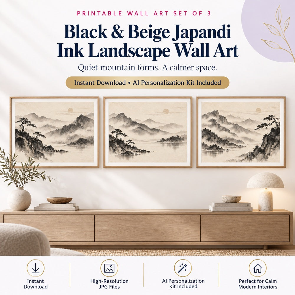 Black and beige Japandi ink landscape wall art set of 3 with AI Personalization Kit instant download