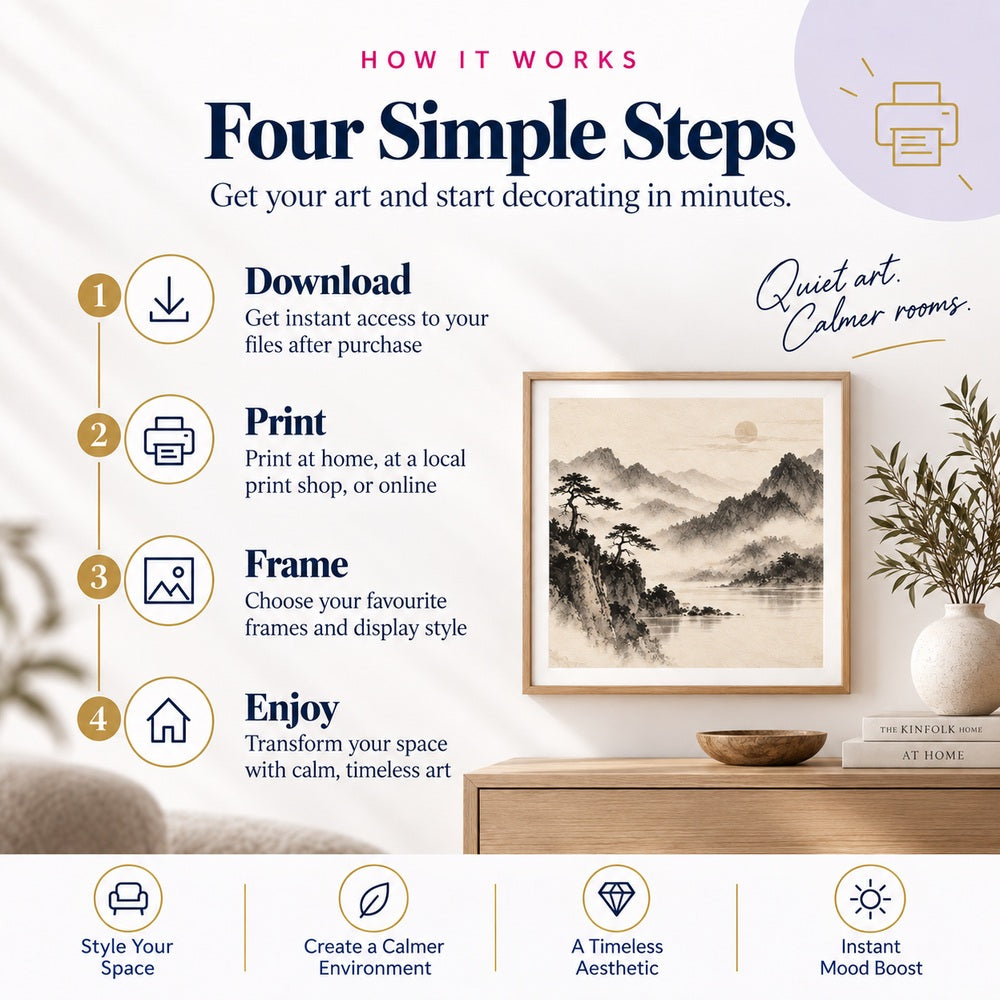 How to download print frame and enjoy black and beige Japandi ink landscape printable wall art set