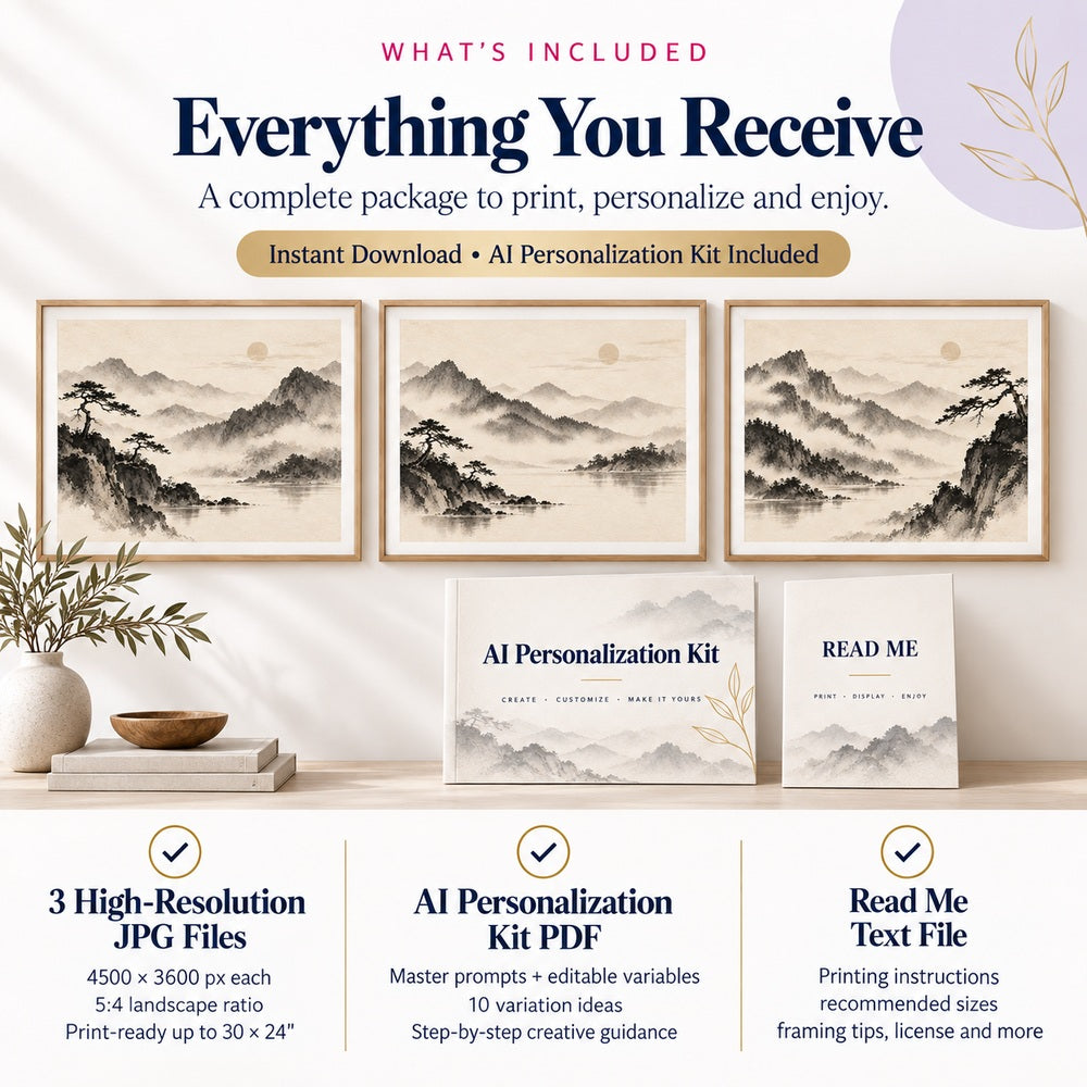 Japandi ink landscape wall art set includes three 4500x3600 JPG files AI Personalization Kit and Read Me guide