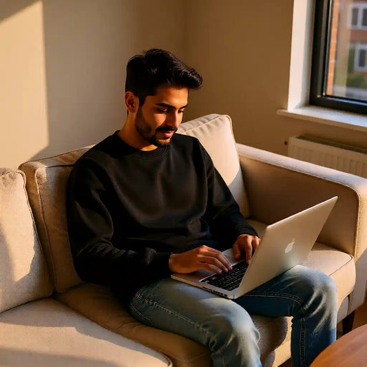 Man using a laptop on a beige couch in a warm-lit room wearing a plain black sweatshirt