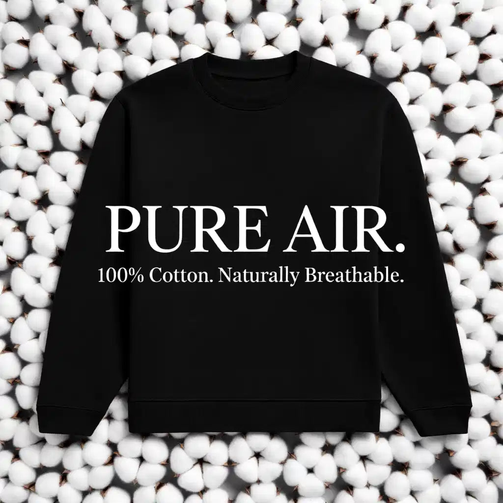Black sweatshirt with 'PURE AIR' text on a white background
