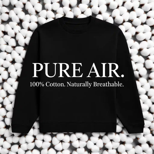 Black sweatshirt with 'PURE AIR' text on a white background