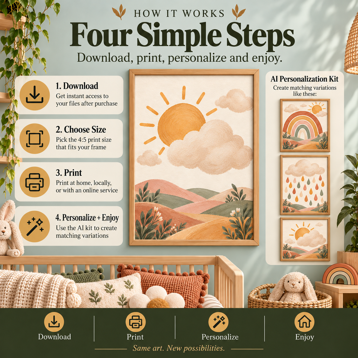 How to use rainbow nursery wall art: download, choose a 4 to 5 print size, print, personalize with AI kit and enjoy