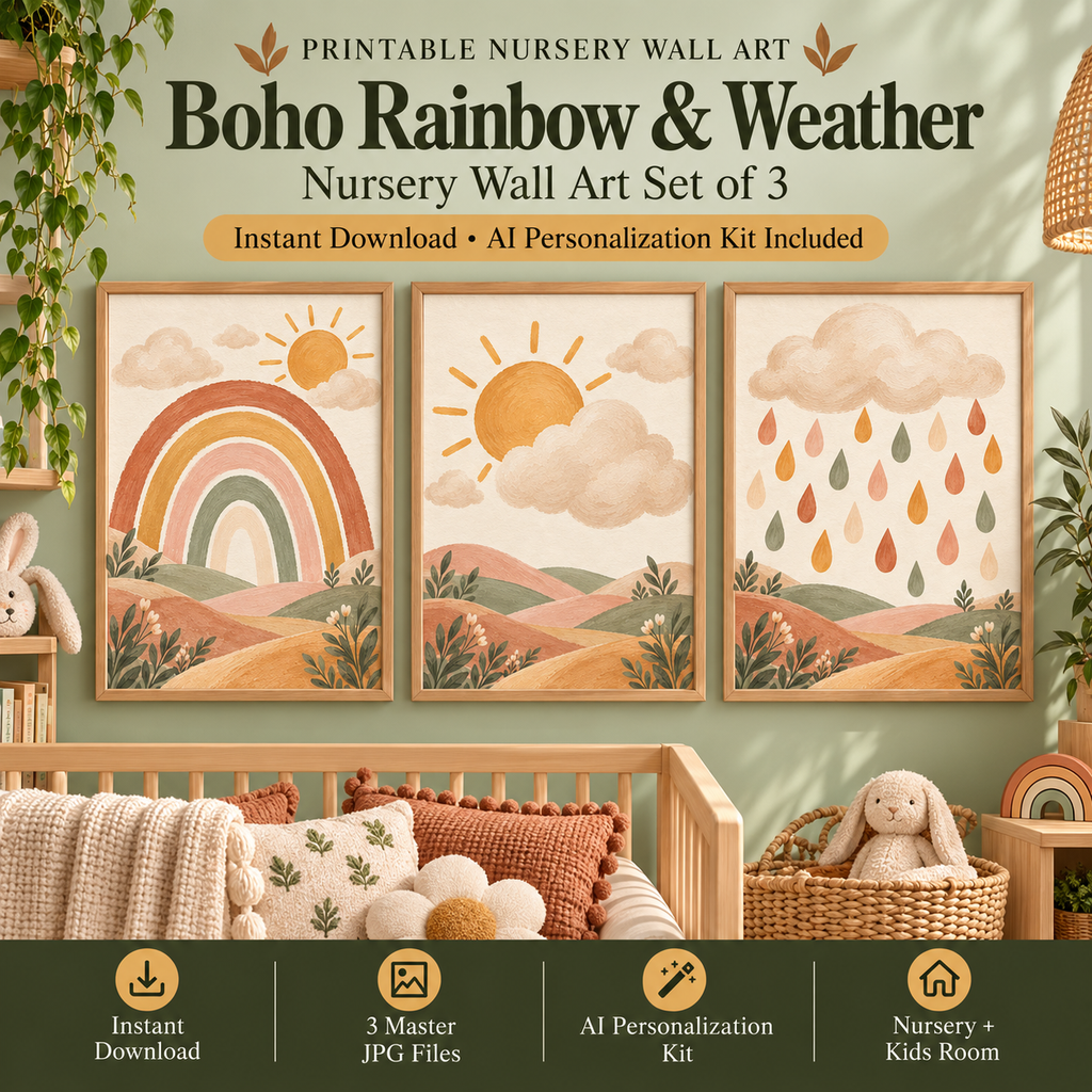 Rainbow nursery wall art set of 3 with textured rainbow, sun behind cloud and gentle raindrop prints in muted boho colors