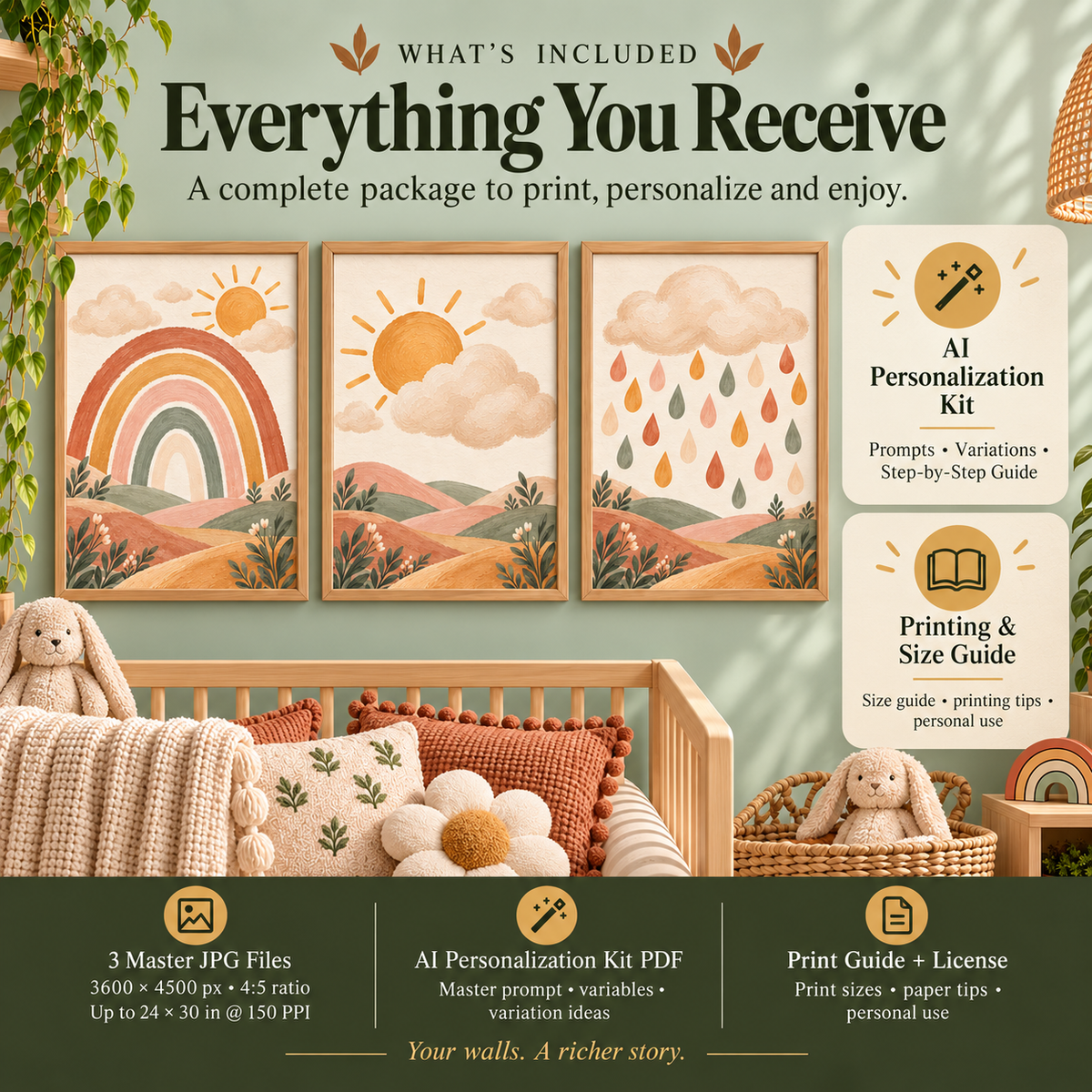 Boho rainbow nursery wall art download with three 3600 by 4500 px master JPGs, AI Personalized Kit, printing guide and personal-use license