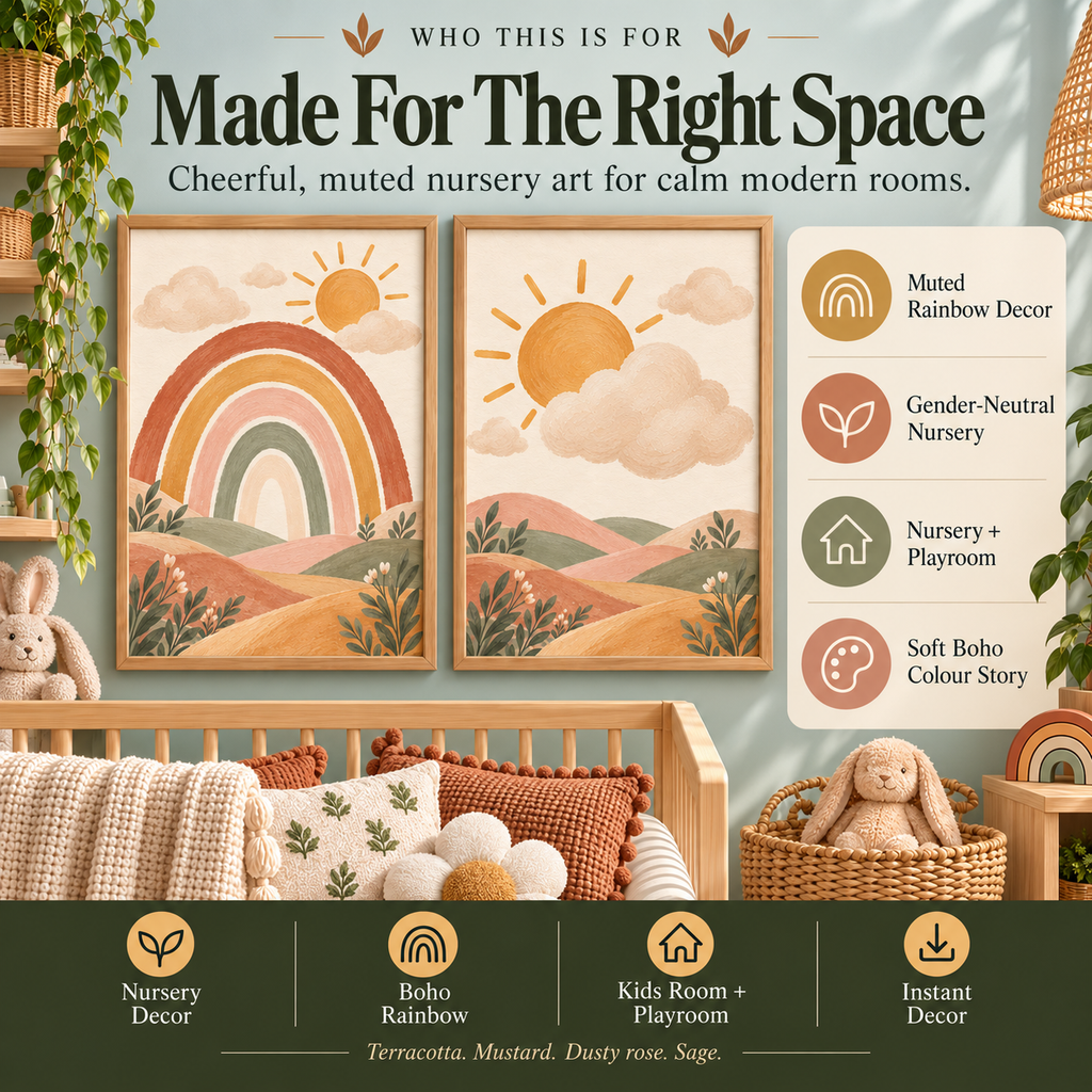 Rainbow nursery wall art for muted boho nurseries, gender-neutral kids rooms and playrooms
