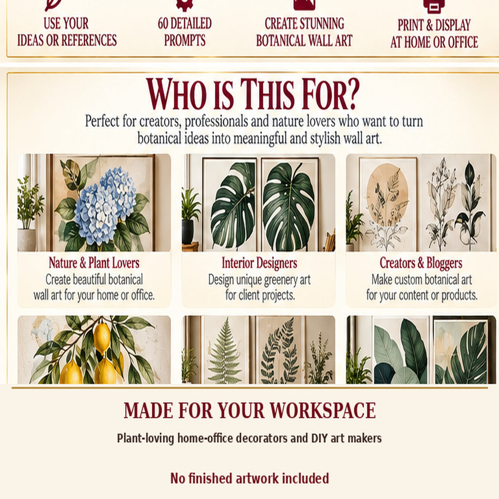 Botanical Workspace Studio AI art prompt kit intended users with labelled example artwork; no finished art included.