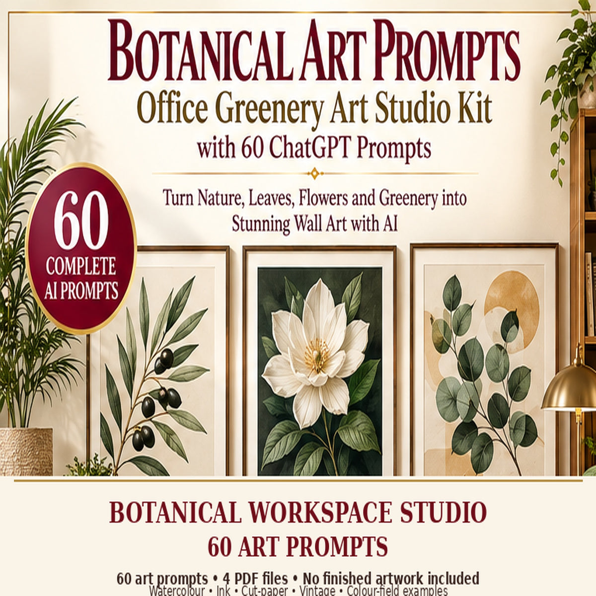 Botanical Workspace Studio AI art prompt kit overview with labelled example artwork; no finished art included.