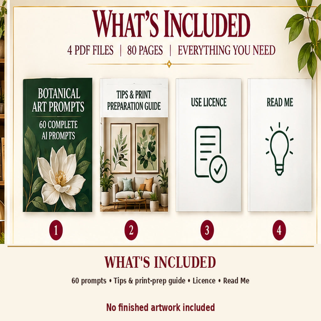 Botanical Workspace Studio AI art prompt kit PDF file contents with labelled example artwork; no finished art included.