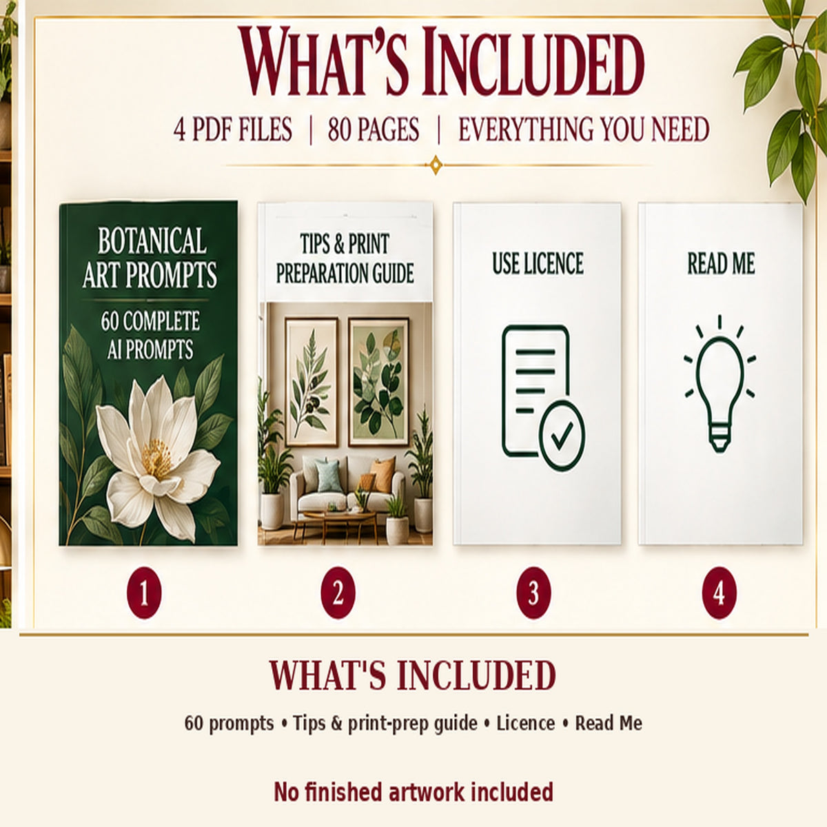 Botanical Workspace Studio AI art prompt kit PDF file contents with labelled example artwork; no finished art included.