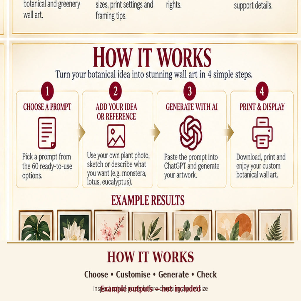 Botanical Workspace Studio AI art prompt kit four-step creation workflow with labelled example artwork; no finished art included.