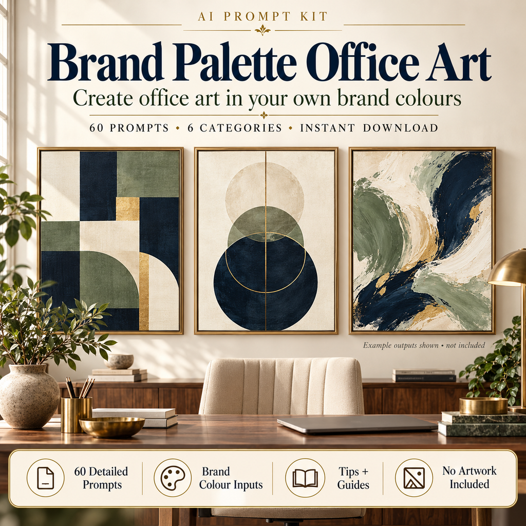 Brand Palette Office Art AI prompt kit with 60 prompts and example office artwork; no finished artwork included.