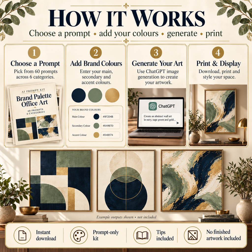 Brand Palette Office Art AI prompt kit workflow: choose prompt, add brand colours, generate art and print.