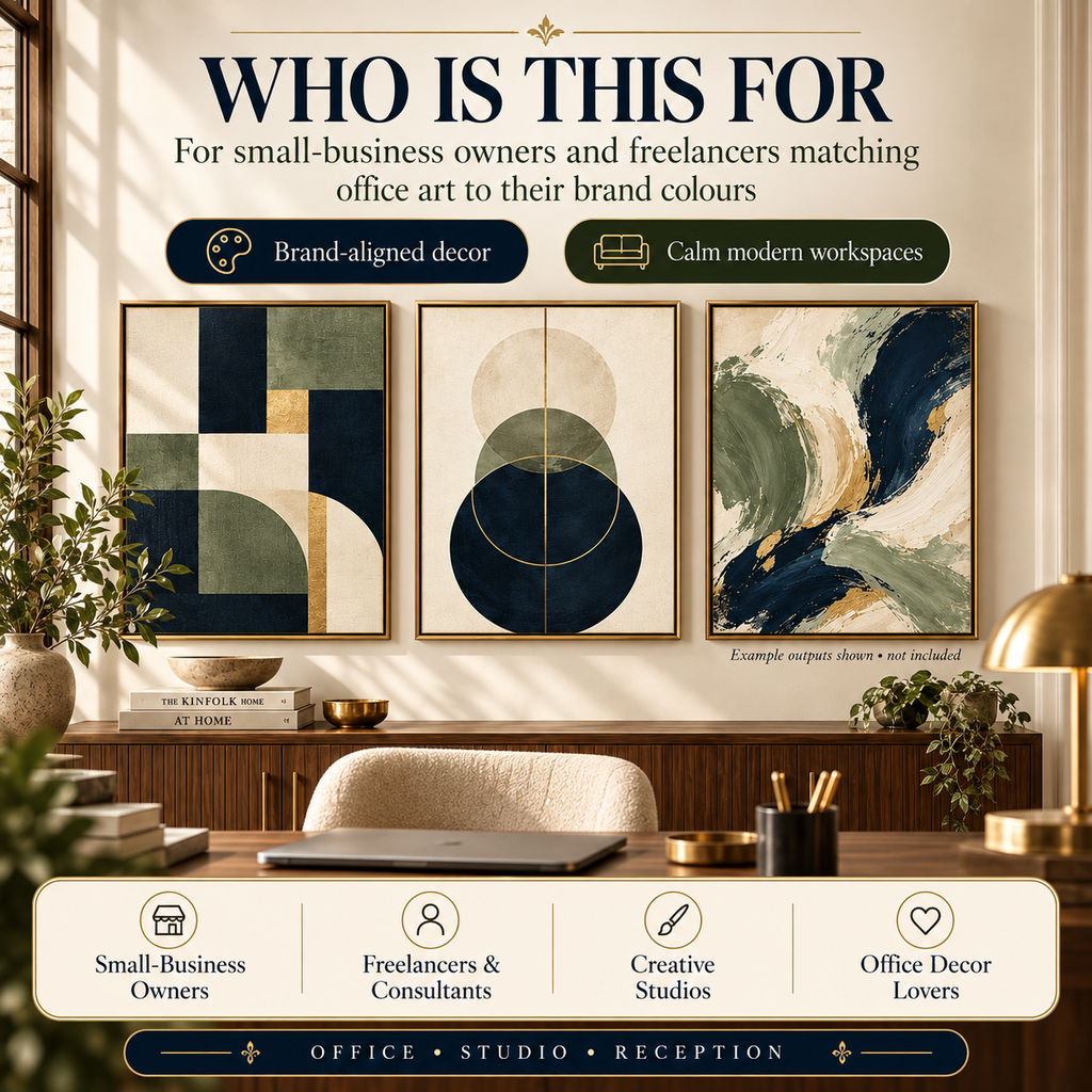 Brand Palette Office Art AI prompt kit for small-business owners, freelancers and creative studios.