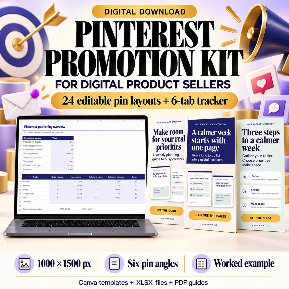 Pinterest promotion Canva kit with 24 editable pin layouts and six-tab tracker, shown with navy and gold digital marketing graphics.