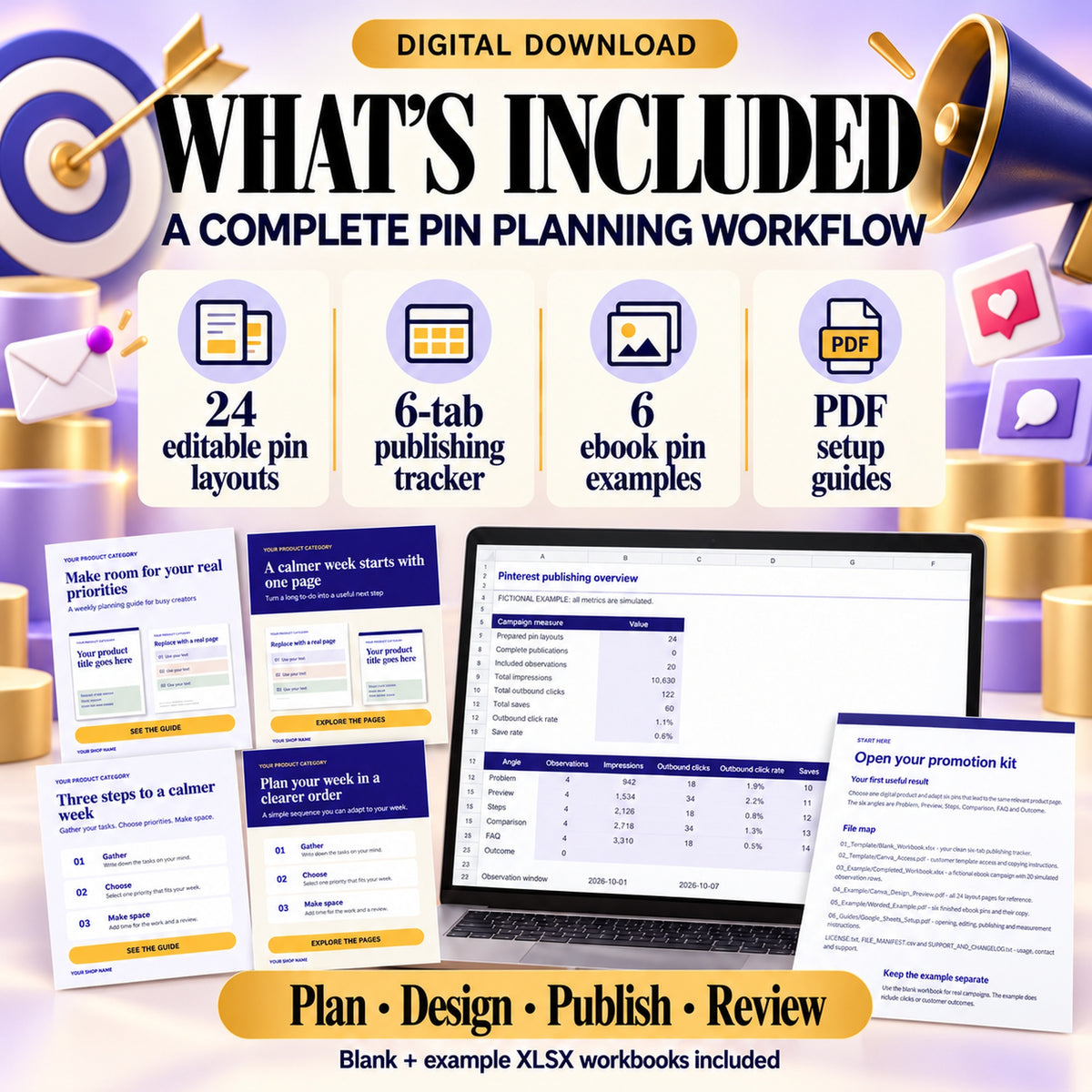 Kit contents: 24 editable pin layouts, six-tab publishing tracker, six ebook pin examples and PDF setup guides.