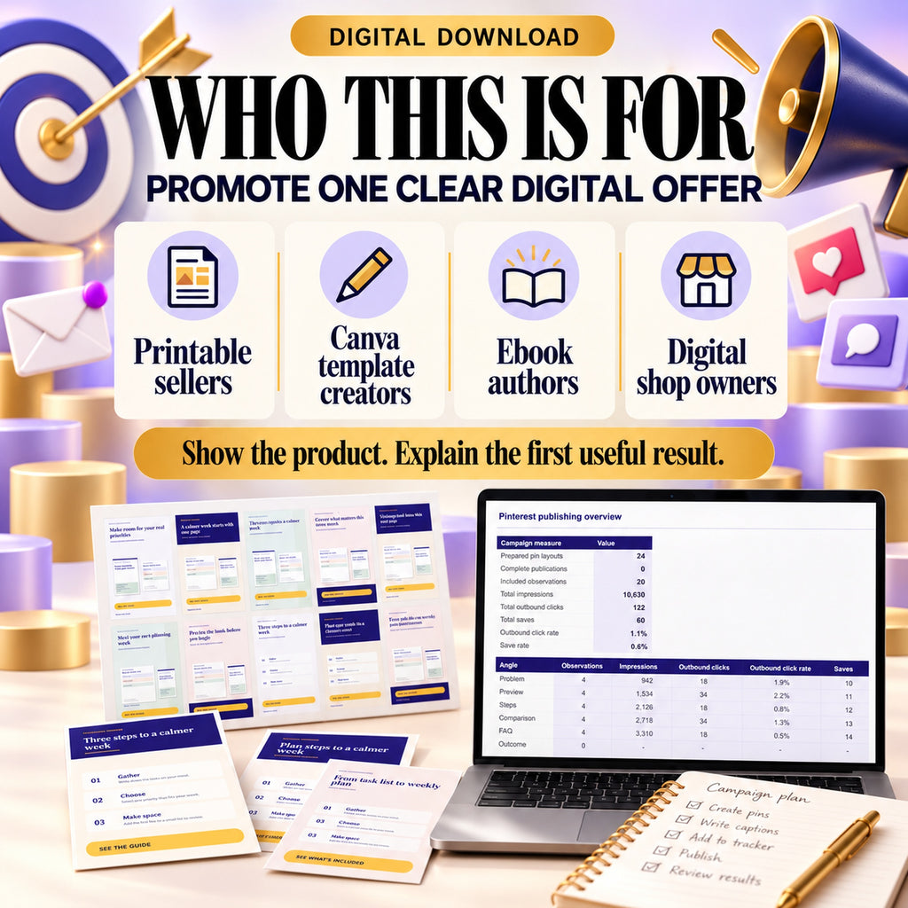 Pinterest promotion kit for printable sellers, Canva template creators, ebook authors and digital shop owners.