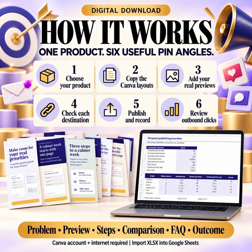 Six steps to choose a product, copy Canva layouts, add previews, check destinations, publish and review outbound clicks.