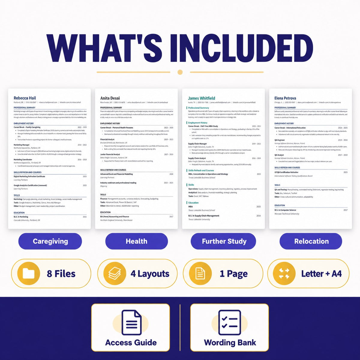 Four career break resume layouts caregiving health study relocation