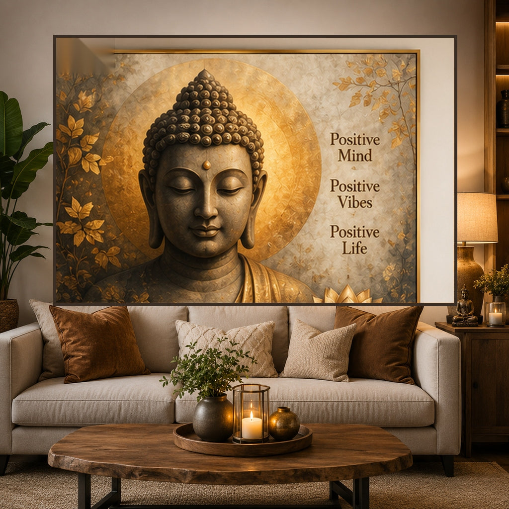 Buddha Positive Vibes wall art displayed in a warm premium living room