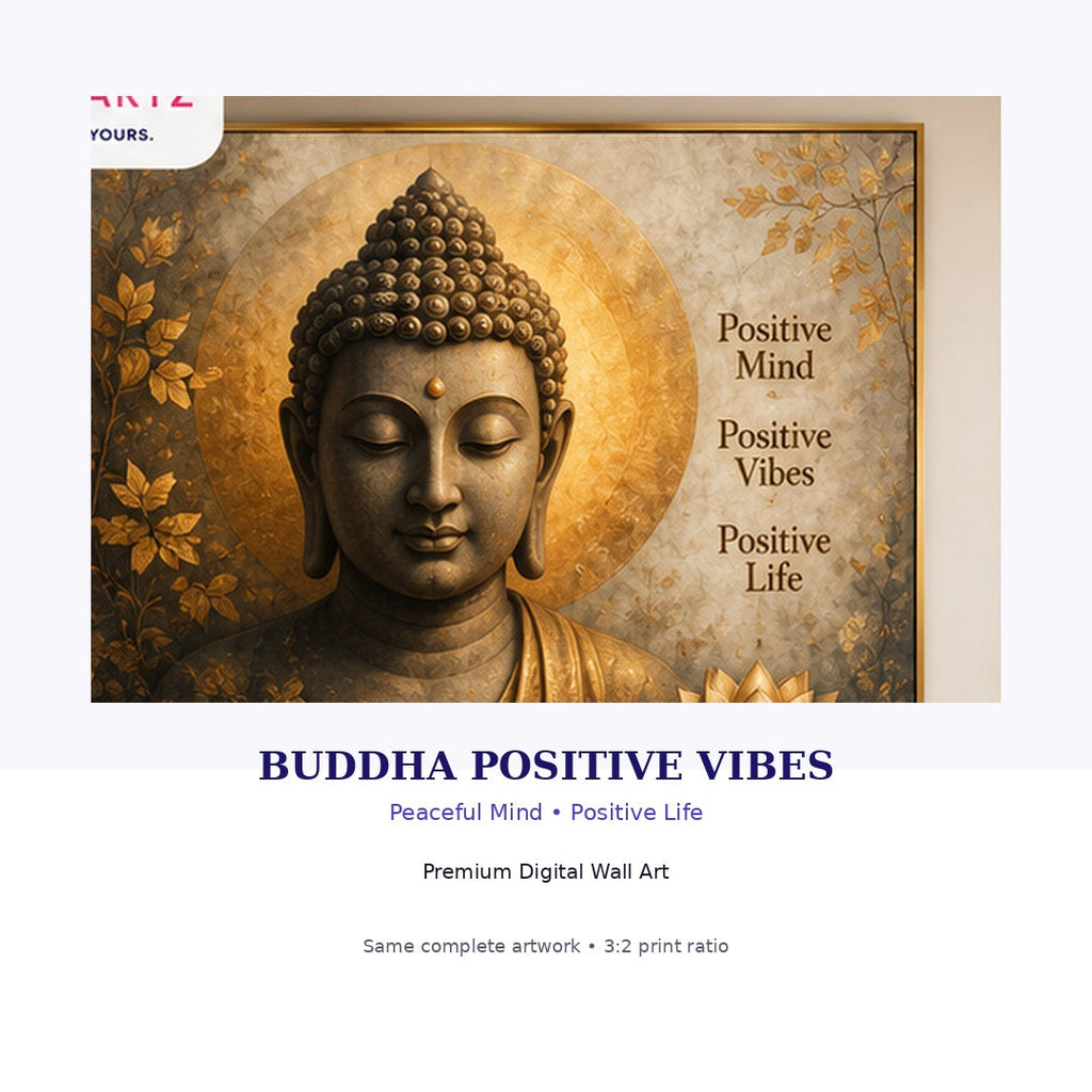 Buddha Positive Vibes digital wall art framed in a premium living room