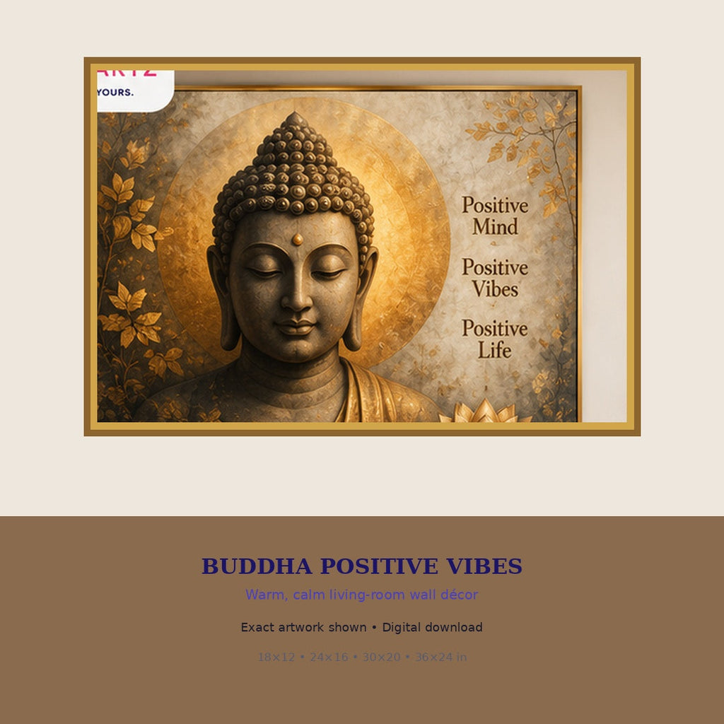 Exact Buddha Positive Vibes artwork displayed in a premium living room