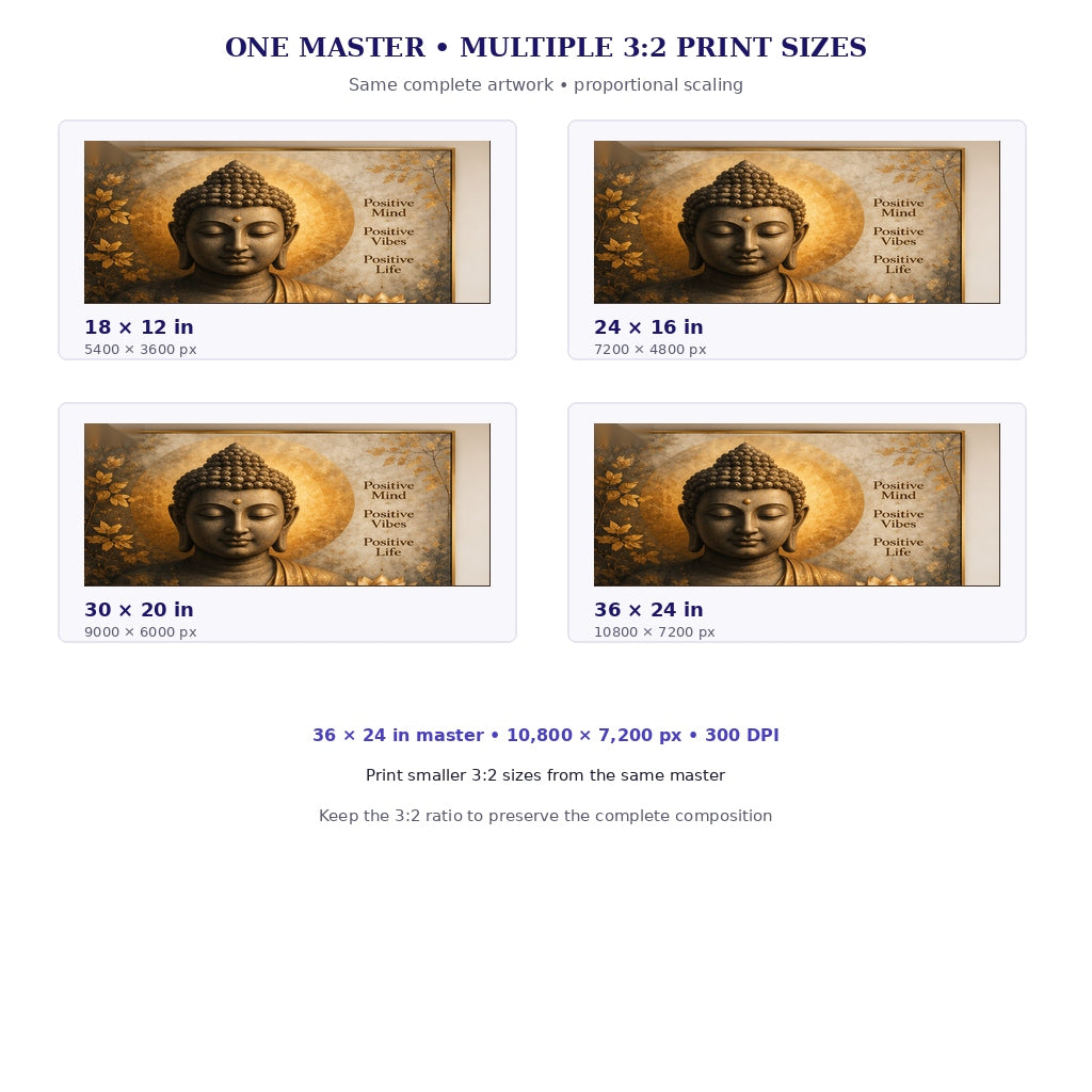 Buddha Positive Vibes wall art shown in proportional 3:2 print sizes