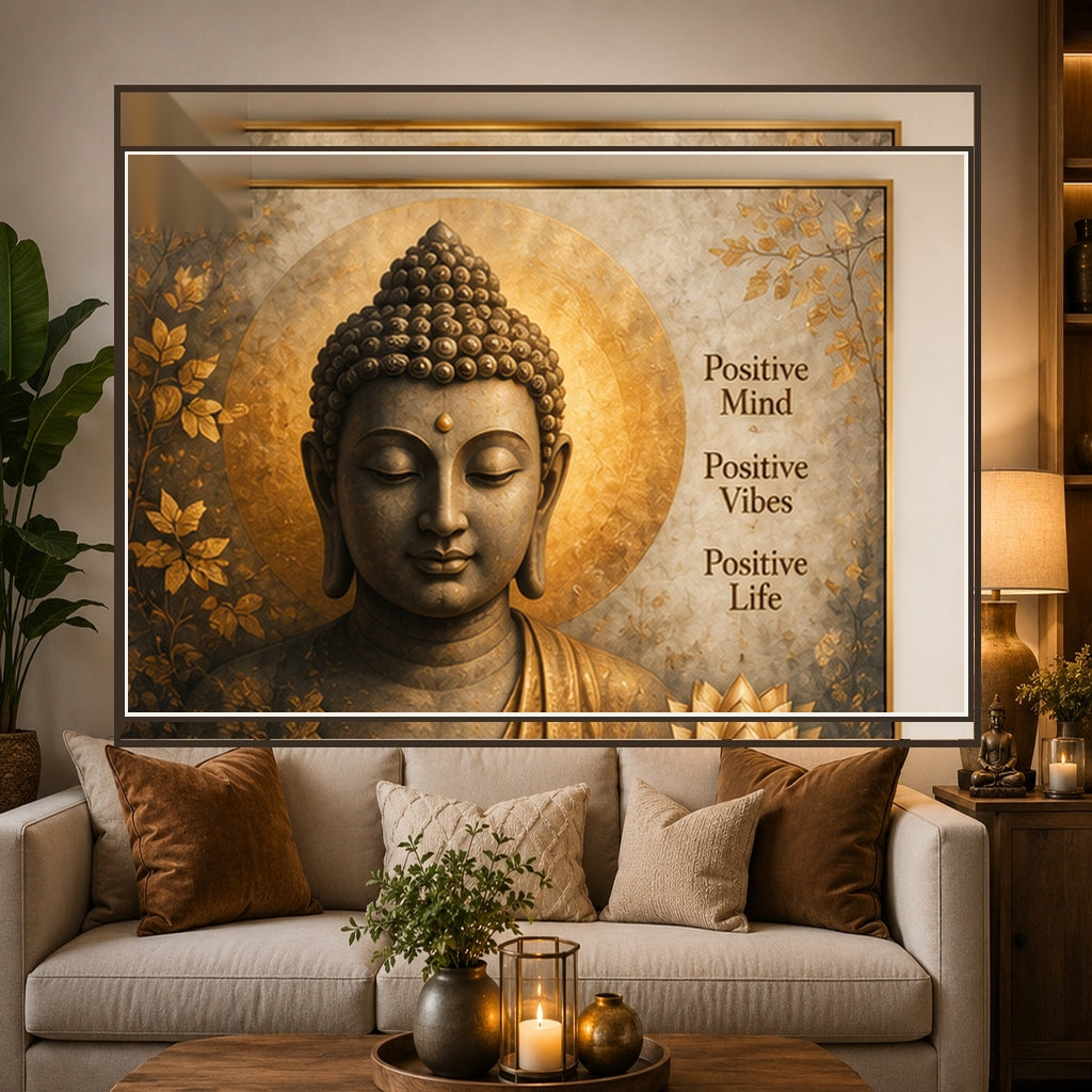 Buddha Positive Vibes artwork displayed as peaceful living room wall decor