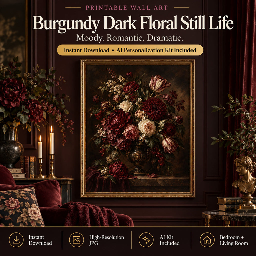 Burgundy Dark Floral Still Life printable wall art in a moody bedroom with burgundy, dark wood and antique brass decor