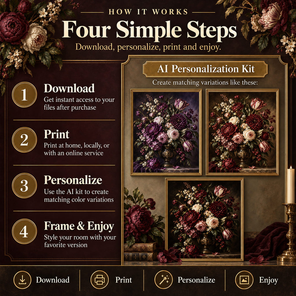 How to download, print, personalize and frame Burgundy Dark Floral Still Life with AI color variation examples